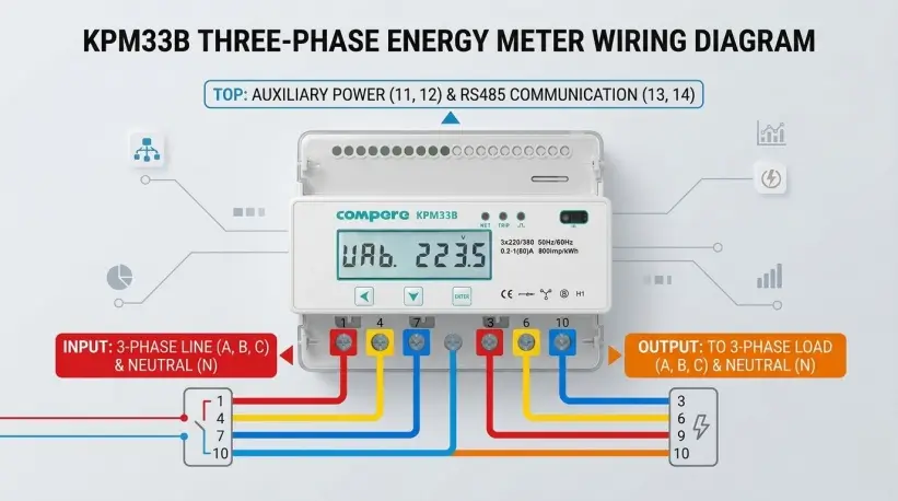 KPM33 Three Phase DIN Rail Energy Meter Installation and Wiring Guide